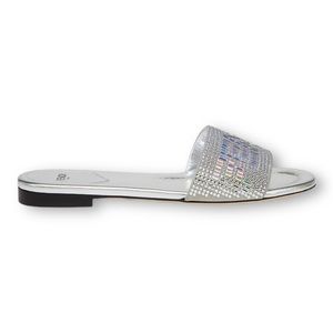 🩴 🆕 Fendi Signature Silver-colored leather slides in Rhinestones